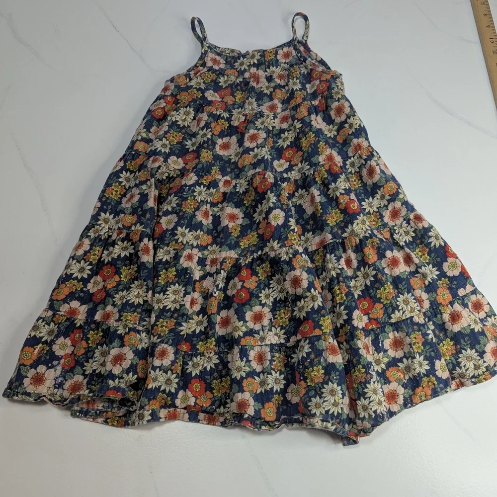 Bonton Paris Girls Calypso Floral Midi Dress 70s Navy Blue Lurex Tiered Size 4